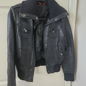 Mixed Media Leather Bomber Jacket Ribbed Knit Trim - Size S